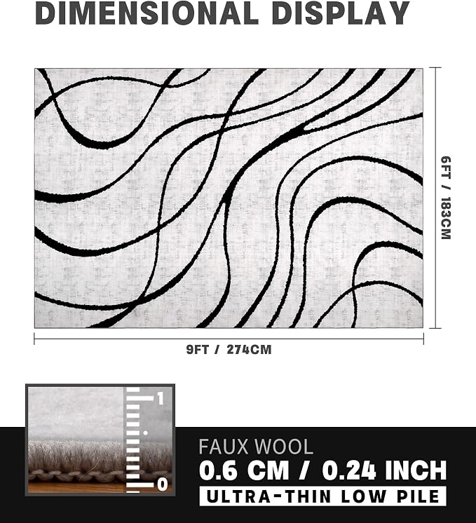 Modern Rugs 6x9, Washable Black and White Area Rug, Thin Abstract Geometric Minimalist Striped Rug, White Rugs for Living Room,Bedroom,Kitchen,Dining Room,Office