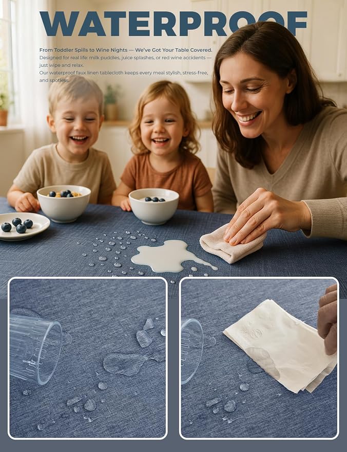 Decorelia Faux Linen Farmhouse Table Cloth 60"x144" for 10 ft Rectangle Table, Denim Blue Waterproof Outdoor Washable Tablecloth for Rectangular Dining Room Kitchen Outdoor Party Restaurant Table