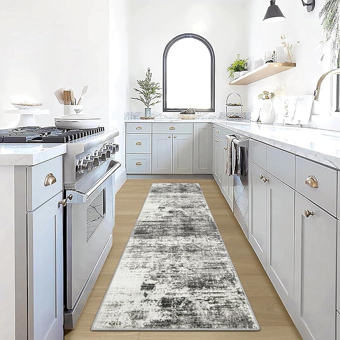 2'6''x8' Runner Rugs Washable Rug:Modern Abstract Hallway Black Grey Carpet | Non-slip TPE backing makes this washable soft low-pile rug safe & durable, Pet-friendly decor for dining room,nursery,office