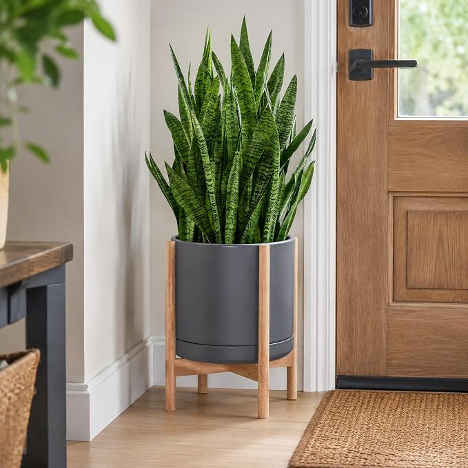 D'vine Dev Ceramic Planter with Natural Stand - 14 Inch Modern Round Flower Pot with Wood Planter Holder, Grey, 55-B-R-3