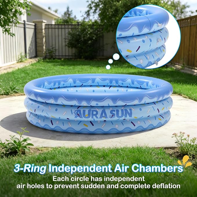 Inflatable Baby Pool Small Kiddie Swimming Pool, 3 Rings Round Pad Pool for Kids & Toddler, 48"X12" Portable Indoor Ball Pit Toys, Outdoor Water Play for Girl/Boy (Blue)