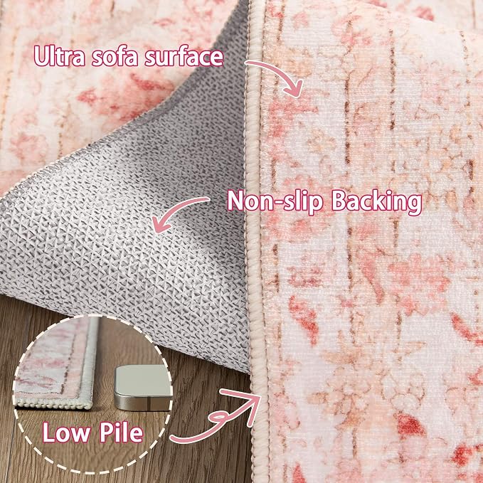 Latte&Fog Washable Entryway Rug 2x3, Vintage Pink Area Rugs for Kitchen | Low Pile Non Slip Soft Throw Rug Doormat for Entrance Bathroom Laundry Bedroom Nursery Playroom Hallyway Dorm Decor Office