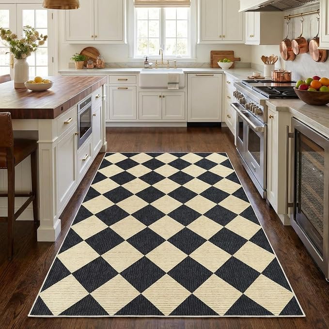GarveeHome 3x5 Checkered Area Rug Non Slip Washable Entryway Bedroom Rug | Modern Geometric Plaid Black Neutral Boys Carpet Classic Throw Mat for Kitchen Bedside Kids Room Office Dining Room