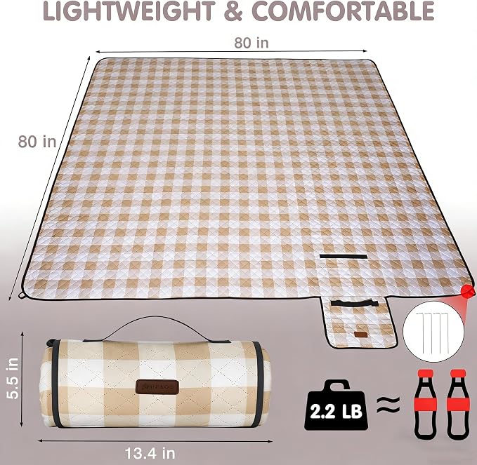 HX&OD Outdoor Picnic Blanket, Extra Large, 80''x80'' Waterproof Foldable Blankets Gingham Picnic Mat for Beach, Camping Grass Lawn Park Accessories Cute Couple Ideas Wedding (Light Brown, 80”x80”)