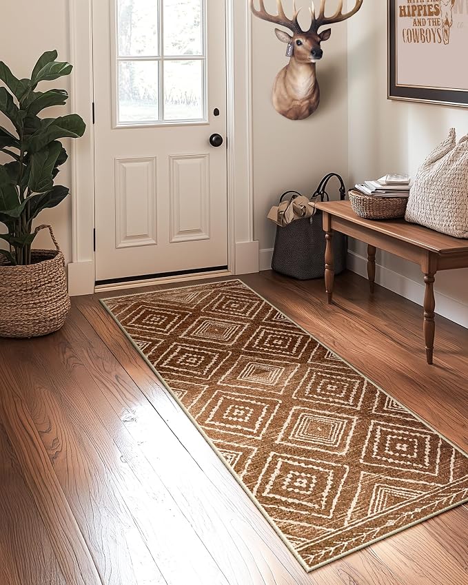 2'x5' Washable Area Rug for Living Room Runner Yellowbrown | Soft Western No Slip Low Pile Print Foldable Indoor Small Rug for Kitchen entrance entryway hallway