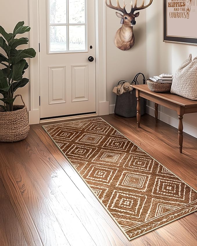 2'x8' Washable Area Rug for Living Room Runner Yellowbrown | Soft Western No Slip Low Pile Print Foldable Indoor Small Rug for Kitchen entrance entryway hallway
