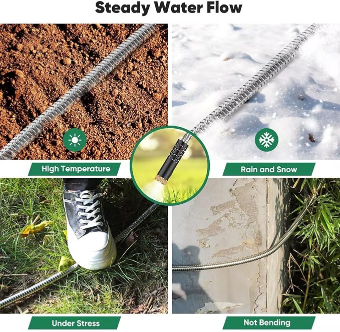 Garden Hose 100ft, Heavy Duty Stainless Steel Water Hose with 10 Functional Nozzles, No Kink, Lightweight and Flexible, Easy to Use and Store, Strong and Sturdy, Suitable for Yard and Lawn