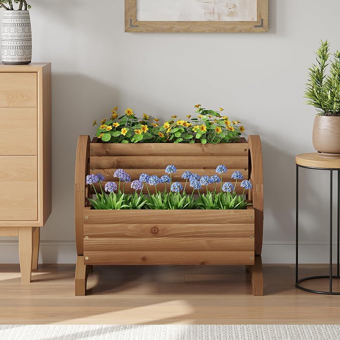 Wooden Wagon Planter Outdoor Flower Cart with Wheels Garden Planter, Decor Planter for Patio Decoration Succulent Flower Pot for Indoor Backyard Yard Decor Porch Balcony Planters (Brown, Medium)