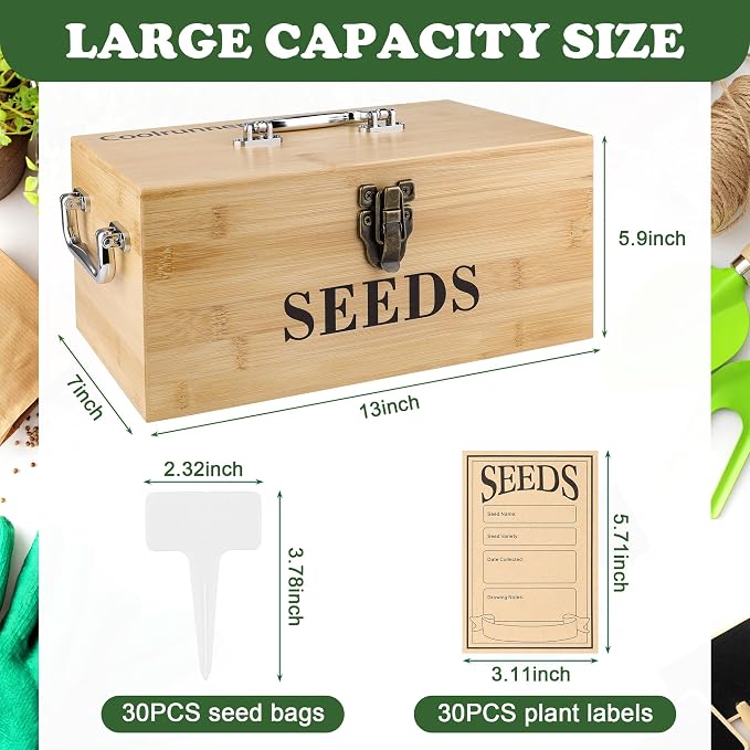 Coolrunner Wood Seed Saving Box, Seed Storage Organizer Case, Seed Packet Storage Organizer with Lock and 3 Handles, 30P Plant Labels, 30P Seeding Envelopes Bag (Natural Wood Color)
