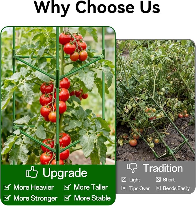 Halatool 57" Tall Tomato Cages, 2 Pack Heavy Duty Plant Support for Garden | Metal Stakes for Raised Beds and Pots, Adjustable Foldable Trellis for Cucumbers, Peppers, Flowers, and Climbing Plants