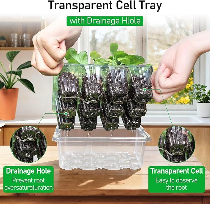 MIXC Seed Starter Tray with Elevated Lid, 120 Cells Seed Starter Kit with Adjustable Humidity Dome, Drainage Hole, Clear Heightened Lids for Indoor Outdoor Greenhouse Gardens, 10 Pack, Transparent