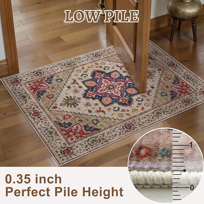 Tangsoo Vintage 3x5 Rugs, Washable Non Slip Accent Rugs for Entryway Beige | Farmhouse Print Indoor Carpet, Oriental Soft Low Pile 3x5 Area Rug for Living Room Dorm Bedroom Bedside Bathroom Entrance