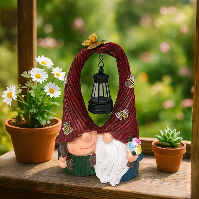 Couple Gnome Decor with Solar Light Lantern Lamp Garden Statue Outdoor Figurine for Yard Patio Unique Perfect Gnomes Gifts for Women Mom Grandma Valentines Decorations
