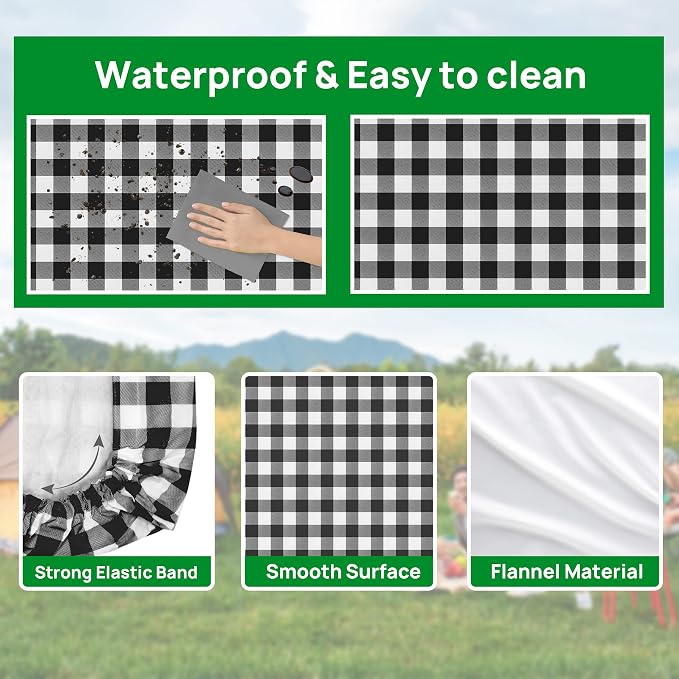 RNOONY Vinyl Fitted Picnic Table Cover with Bench Covers and Bag,8ft Outdoor Waterproof Picnic Tablecloth with Elastic Edges, 96x30 Inches 3 Pcs Set (Black Checkered)