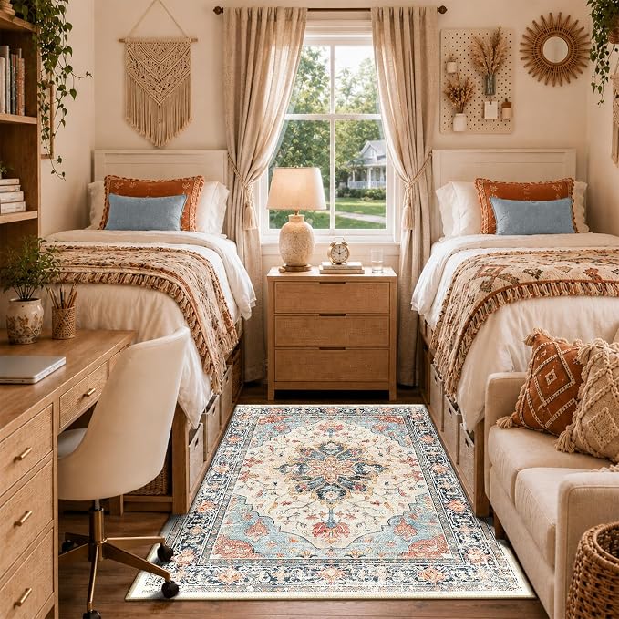 RELEANY Washable Area Rug, 4'x6', Beige/Blue/Orange | Non-Slip, Water Repellent, Pet Friendly, Easy to Clean, Vintage Floral Boho Decor for Living Room Bedroom Kitchen Office