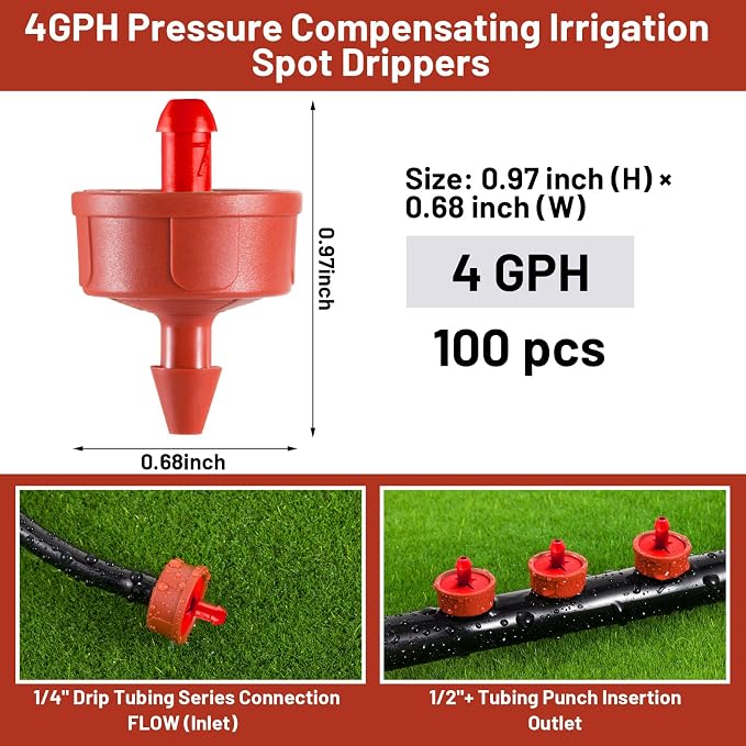 100 PCS 4 GPH Pressure Compensating Drip Irrigation Spot Dripper, Max Flow Drip Irrigation Emitters Heads for Dry Soil Thirsty Plants, Irrigation Drippers Parts for Arid Area Outdoor Irrigation