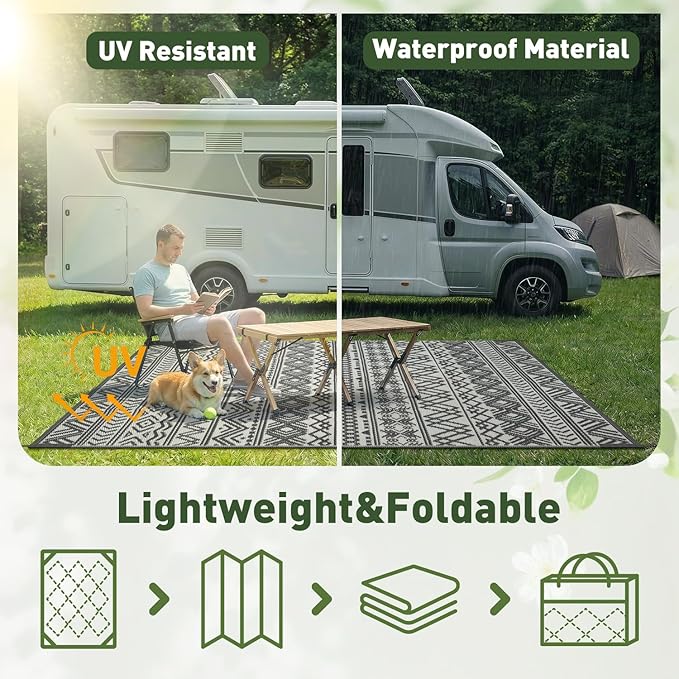 MontVoo Outdoor Rug Carpet Waterproof 9x18 Outdoor Patio Rug Mat Reverisble Plastic Straw Outdoor Rug for RV Camping Picnic Beach Balcony Boho Grey Large