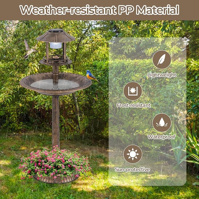 LDAILY Outdoor Bird Bath, 42’’ Solar Lighted Pedestal Birdbaths with Birds Feeder ,20’’ Water Bowl, Flower Planters and 3 Stakes, Attract Birds Antique Bird Bath for Outside Garden, Yard (Bronze, 42‘’)