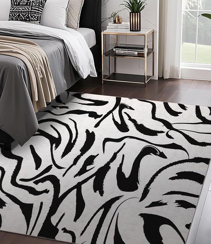 Modern Area Rugs for Bedroom,5x7 Washable Black and White Rug, Thin Abstract Geometric Minimalist Striped Rug, Black Rugs for Bedroom,Kitchen,Dining Room Office