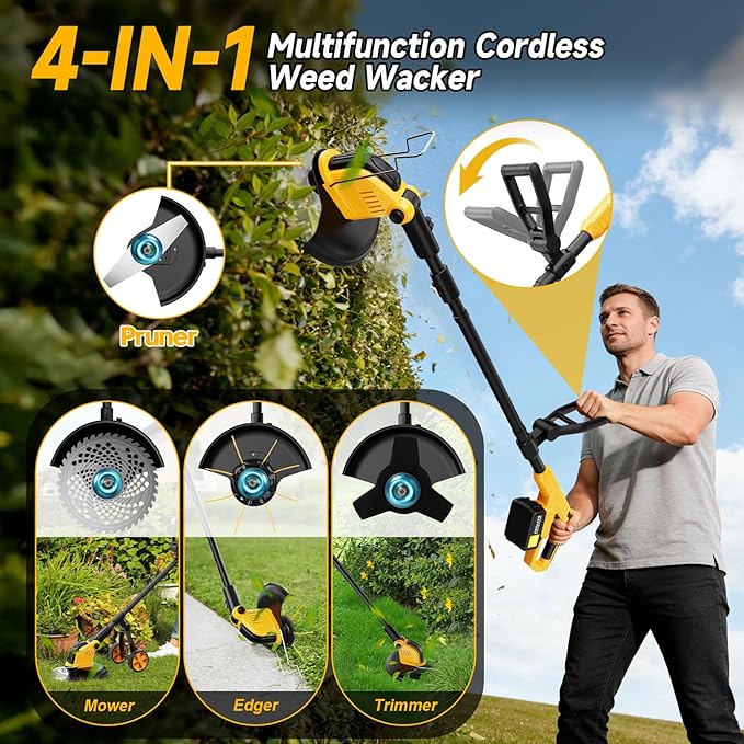Brushless 4-in-1 Cordless Weed Wacker Edger with Wheel, 20000RPM 12'' Electric Weed Eater Battery Powered Brush Cutter, Grass Trimmer Stringless Weed Trimmer Lawn Mower Metal Blade Battery Charger