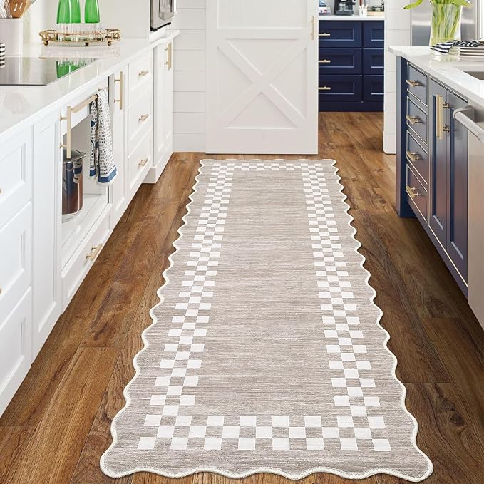 GarveeHome Washable Runner Rug 2x10 Modern Bordered Hallway Runner Rug | Non Slip Kitchen Throw Carpet Checkered Bathroom Entryway Low Pile Solid Area Rugs for Living Room Bedroom Nursery Sink, Fog