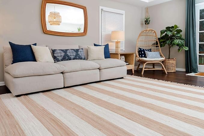 Unique Loom Chindi Rag Collection Area Rug - Striped (7' 1" x 10' Rectangle, Beige/ Ivory)