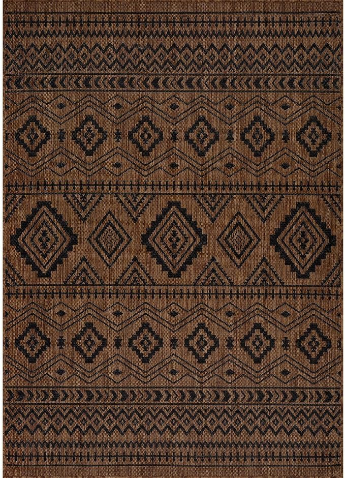 Beverly Rug Waikiki Boho Indoor Outdoor Rug 10x14, Washable Outside Carpet for Patio, Deck, Porch, Bohemian Area Rug, Farmhouse Rugs, Aztec Tribal Rug, Nut Brown and Black