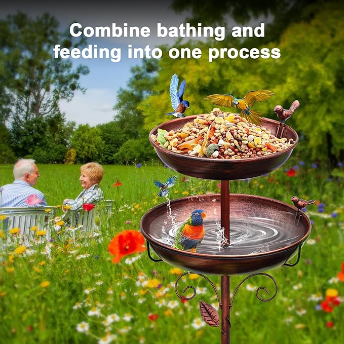 Bird Bath for Outside Bronze 2-in-1 Freestanding Garden Birdbath | Metal bird bath with floral scroll 5-Pronged Base Deep large bowl for birds drinking & bathing Yard patio landscape decor