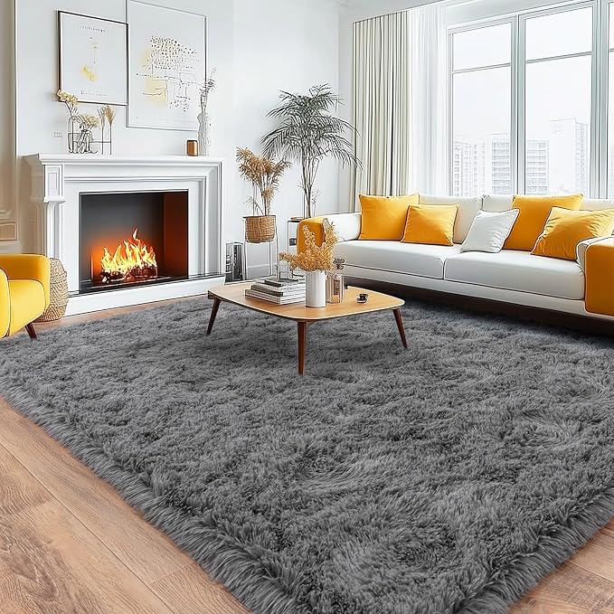 8x10 Area Rugs for Living Room, Large Ultra Fluffy Fuzzy Shag Grey Rug for Bedroom, Modern Plush Soft High Pile Upgrade Non-Slip Gray Carpet for Kids Girls and Boys, Dorms, Home Decor Aesthetic