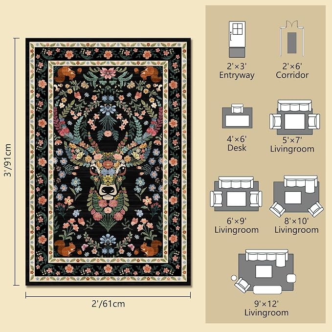 Non-Slip Washable Entry Rug Vintage Floral Deer Pattern 2x3 - Bohemian Forest Animal Carpet with Squirrel & Butterfly, Soft Decorative Area Rug for Living Room Bedroom Home Decor