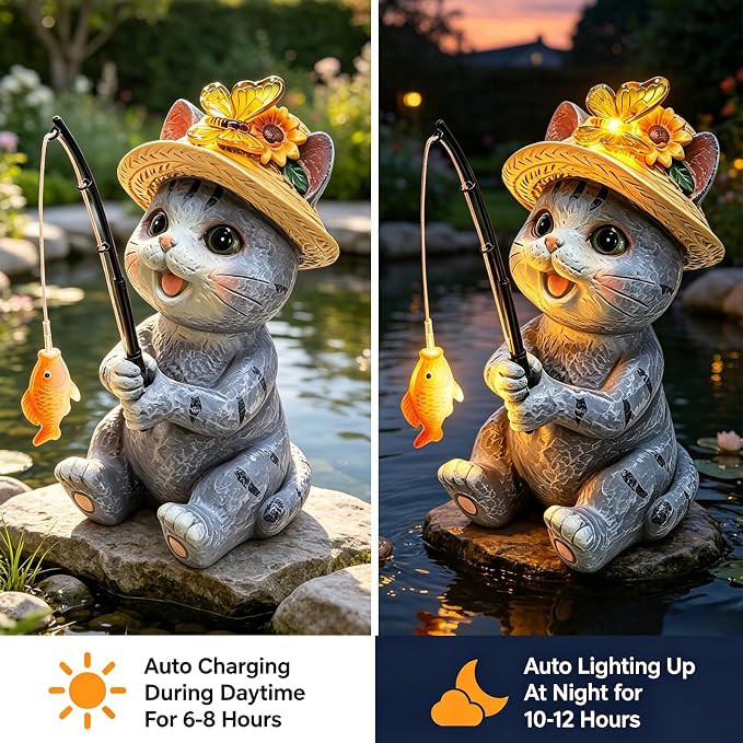 VOOKRY Cat Garden Statues, Outdoor Fishing Cat with Solar Lights Waterproof | Birthday Gifts for Cat Lovers Mom Women Christmas, Cat Figurines Garden Decor, Yard Decorations Patio Porch Lawn Ornaments