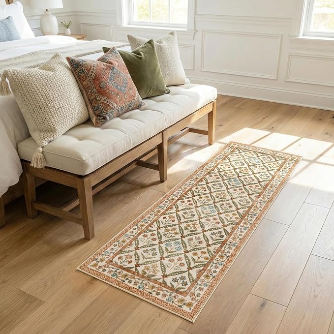 jinchan Runner Rug 2x5 Vintage Floral Washable Hallway Area Rug, Terracotta | Soft & Lightweight, Checkered Floral, Low Pile, Non Slip, Entryway, Kitchen, Bedside, Laundry Room, Cottage Decor