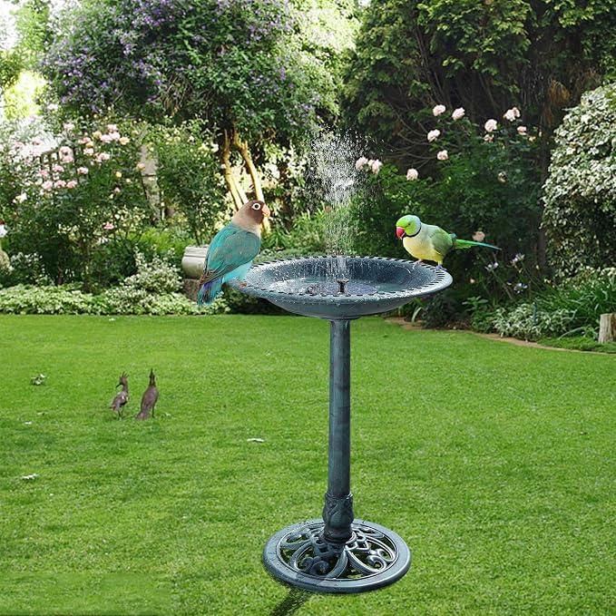VINGLI Pedestal Bird Bath with Solar Fountain, Solar Pump Resin Birdbaths, Weather Resistant Bird Baths with Ground Stakes, Vintage Finish Garden Decor for Outdoor, Patio, Yard, Lawn(Green)