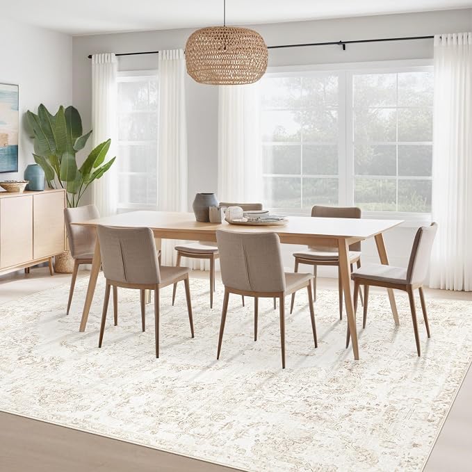 6x9 Area Rugs for Living Room: Washable Rug Vintage Large Rugs Soft Non Slip Low Pile Rug Floral Distressed Floor Carpet for Bedroom Kitchen Nursery Dining Room Home Office (Beige, 6'x9')