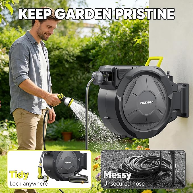 160 FT x 1/2" Retractable Garden Hose Reel - PHLEXPRO Heavy Duty Hose Reel Wall Mount - 3/4in Brass Fitting 10Pattern Nozzle, Any Length Lock, Automatic Slow Retraction 180° Swivel, UV Resistant