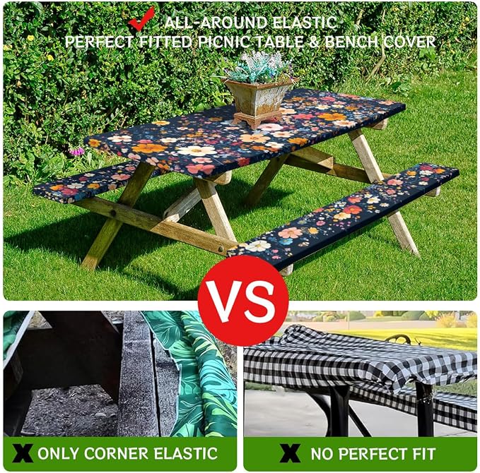 French Flowers Picnic Table Cover with Bench Covers and Carrying Bag, Vintage Berry Garden Rectangle Table Cover Outdoor Patio Camping Essentials 72 inch 4PCS Camping Fitted Tablecloth