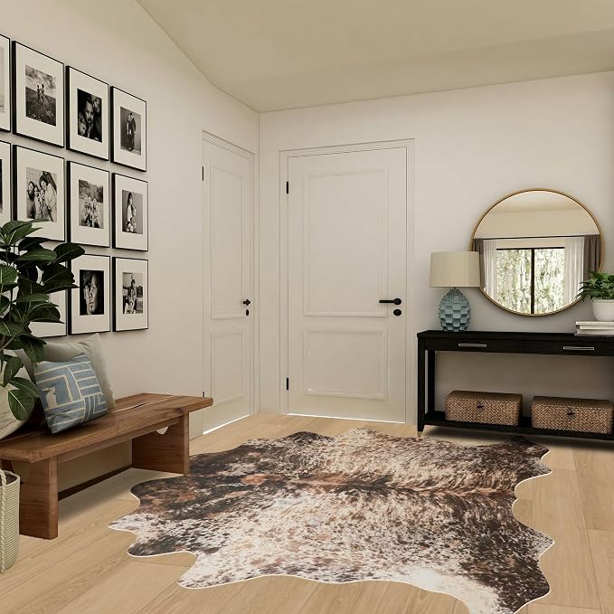 Brown Faux Cowhide Rug 4.6x5.2ft Washable Cowhide Rug | No-Slip Low Pile Animal Print Western Decor for Living Room Bedroom Kitchen Bathroom-No Fur
