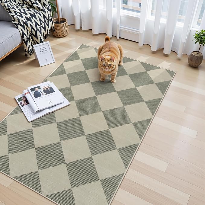 Beeiva Checkered Print Bedroom Area Rug 3x5, Non Slip Ultra Thin Washable Entryway Rug Low Pile Soft Bathroom Rugs Green, Moroccan Farmhouse Trellis Throw Rugs for Kitchen Office Kids Room