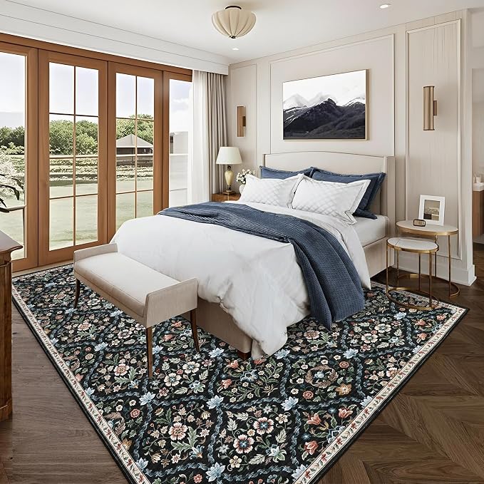 ROYHOME 8x10 Area Rug Trellis Machine Washable Rug for Living Room | Stain Resistant Non-Slip Accent Rug Carpet Farmhouse Vintage Distressed Floral Floor Cover for Home Decor, Black