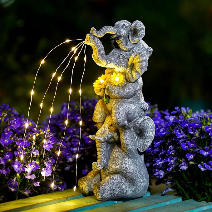 Pohabery Solar Garden Decor Elephant Statue Outdoor, Luck Triple Elephant Decorations for Yard Porch Lawn Patio - Ideal Gifts for Women Mom Grandma Senior Elder or Birthdays 12"