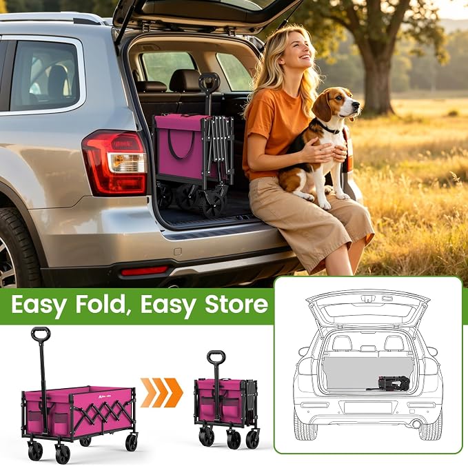 35'' Extra Long Collapsible Wagon with Wheels, 220 LBS Folding Wagon with 360° Swivel Wheels Adjustable Handle, Lightweight Portable Utility Cart for Grocery, Shopping, Garden, Sports, Camping, Pink