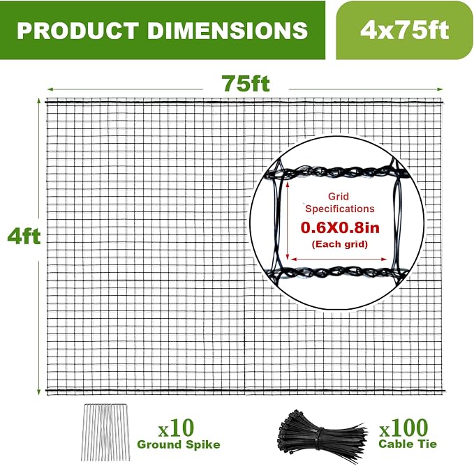 Deer Fence Netting, 4x75ft Heavy Duty Plastic Mesh Deer Fencing, 55GSM Garden Fence Animal Barrier, Bird Netting for Garden Protection, Reinforced Edge Temporary Fence for Tree Vegetable Raised Bed