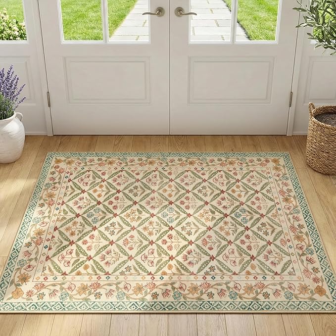 jinchan Vintage Floral 3x5 Washable Entryway Accent Area Rug, Teal Blue | Soft & Lightweight, Checkered Floral, Low Pile, Non Slip, Entrance, Kitchen, Bedside, Girls Dorm, Cottage Decor