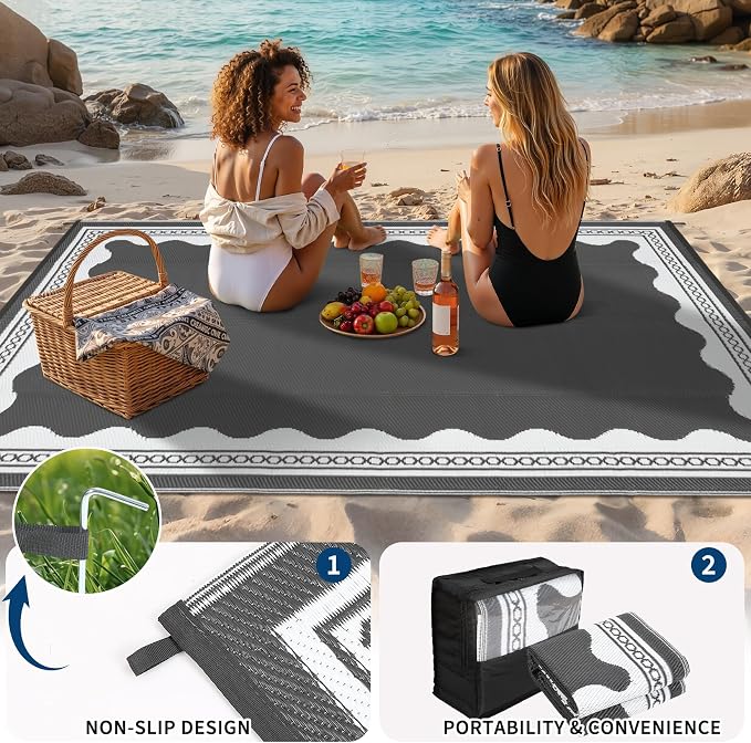 Garvee Outdoor Rug 6x9 Scalloped Waterproof Patio RV Outdoor Rugs Reversible Foldable Plastic Straw Rug Modern Camping Carpet for Deck Camper Porch Balcony Backyard Picnic Beach Grey