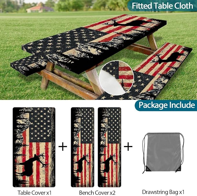Picnic Table Cover with Bench Covers Elastic Edges, Rustic Farmhouse American Flag Camper Fitted Table Cover, Outdoor Camping Essentials, Waterproof Camping Tablecloth with Drawstring Bag, 60In 3PCS