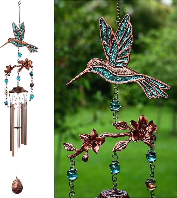 Wind Chimes - Wind Chimes for Outside Deep Tone 32 inches 5 Aluminum Tubes, Birthday, Memorial, Gifts for Mom, Grandma, Daughter, Decoration for Home, Garden, Patio (32" Hummingbird Turquoise)