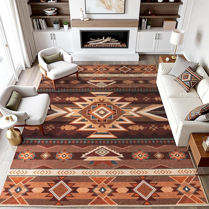 5x7 Western Rustic Aztec Area Rug for Living Room Bedroom Dining Room | 5x7 Southwestern Tribal Red Brown Low Pile Faux Wool Rug, Machine Washable Non-Slip Carpet for Living Room Dining Bedroom
