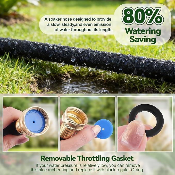 Kalolary 100FT Soaker Hose Kit 1/2" Drip Hose for Garden 80% Water Saving Drip Hose with Connectors Valve End Plug Drip Irrigation System Kit for Flower Bed Lawn Garden