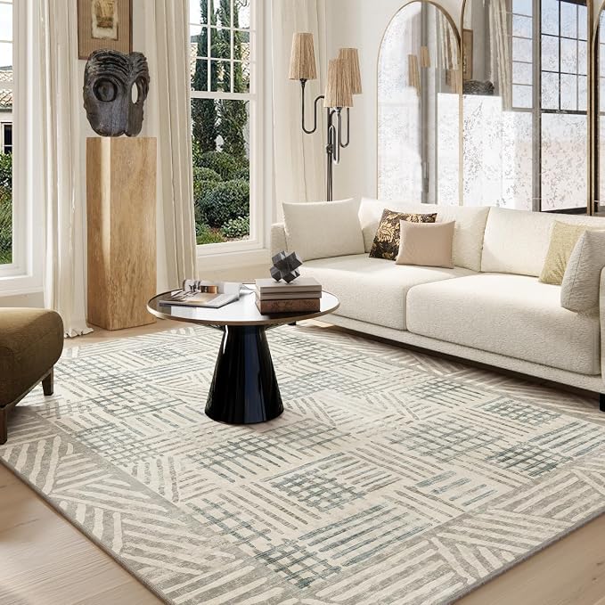 Area Rug 6x9 Abstract Geometric Textured Brushstroke - Neutral Gray & Light Blue Modern Minimalist Area Rug, Decorative Carpet for Living Room Bedroom Home Decor