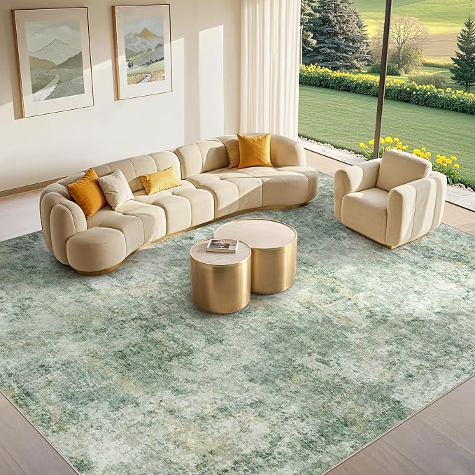 Tortania Washable 7x9 Area Rug for Living Room: Modern Abstract Neutral Large Soft Thin Rugs - Non Slip Indoor Carpet for Bedroom Dining Room Office Nursery Home Floor Decoration - Olive Green